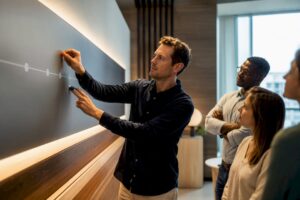 Project lead arranging CRM roadmap markers