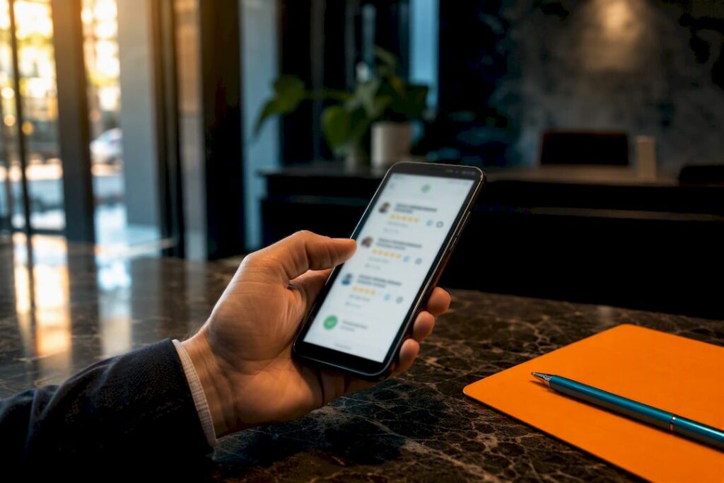 Prospective client reviewing local lawyer listings
