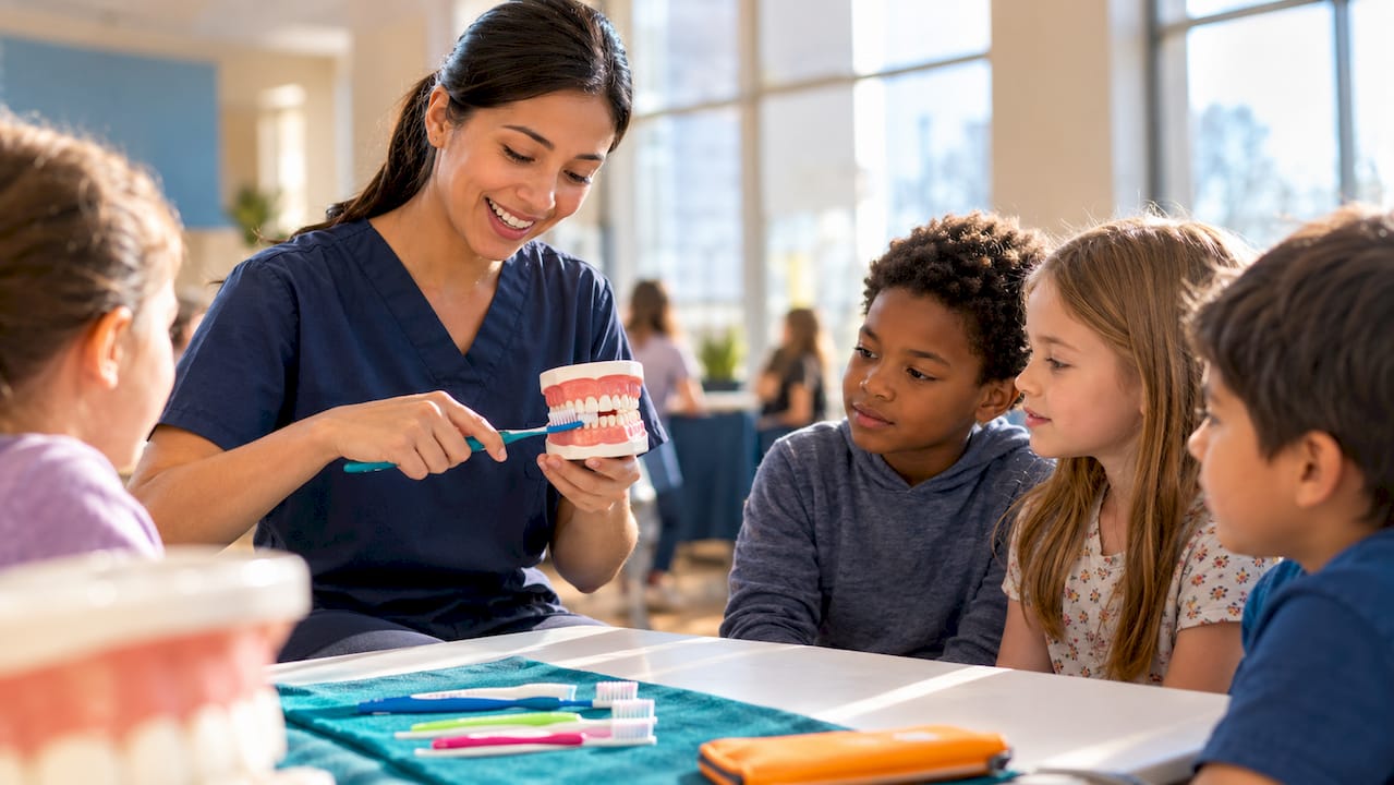 Dental hygienist teaching children at health fair