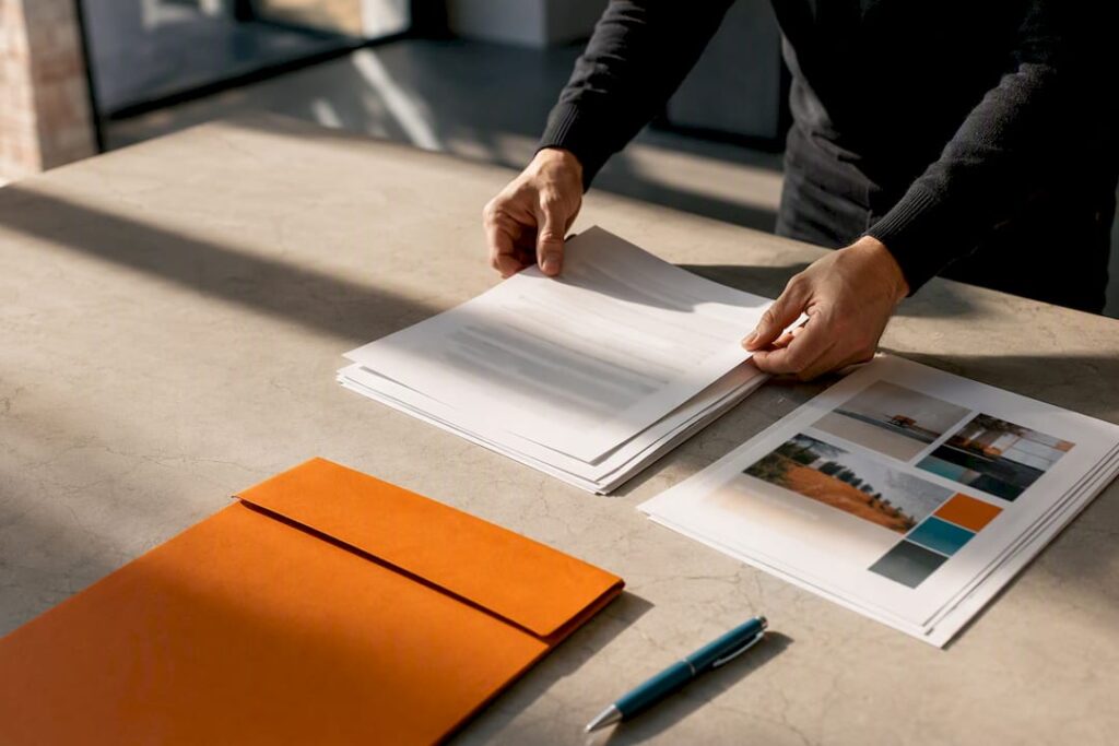 Hands reviewing marketing agency contract documents