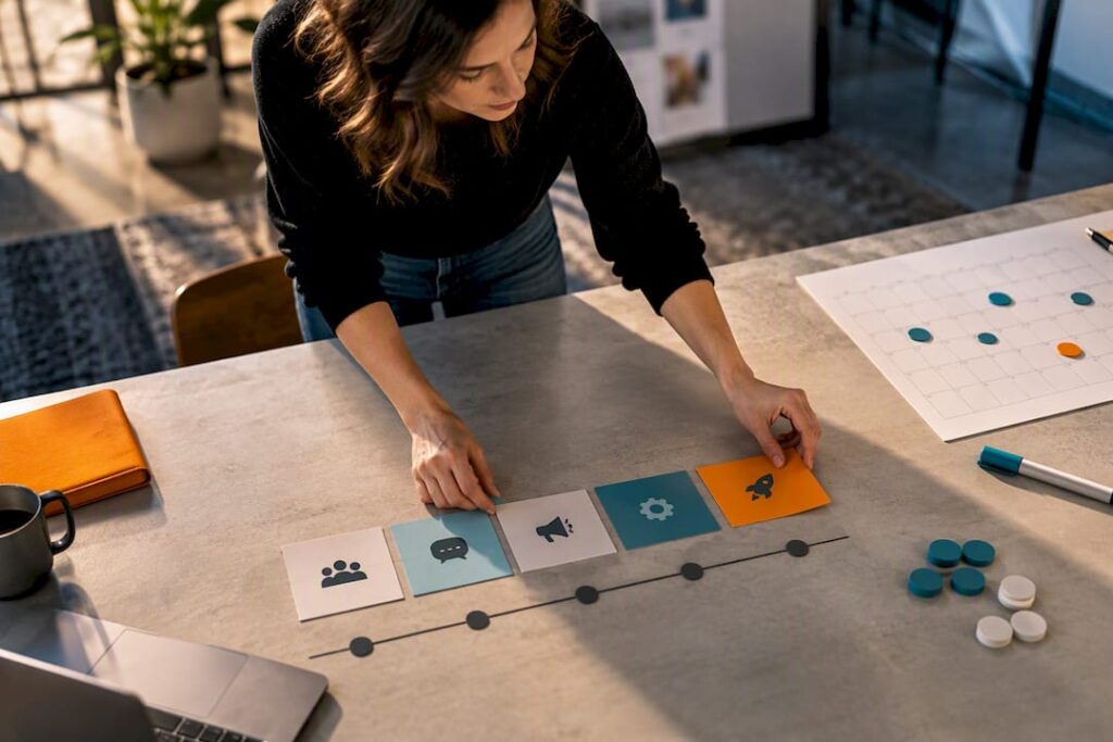Hands sequencing go-to-market launch planning cards