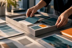 Hands assembling a professional brand identity kit