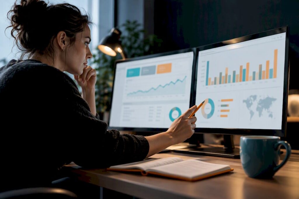 Analyst reviewing SEO performance dashboards