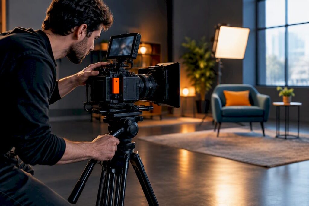 Cinematographer preparing a business video set