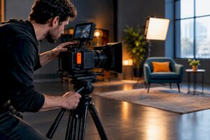 Cinematographer preparing a business video set