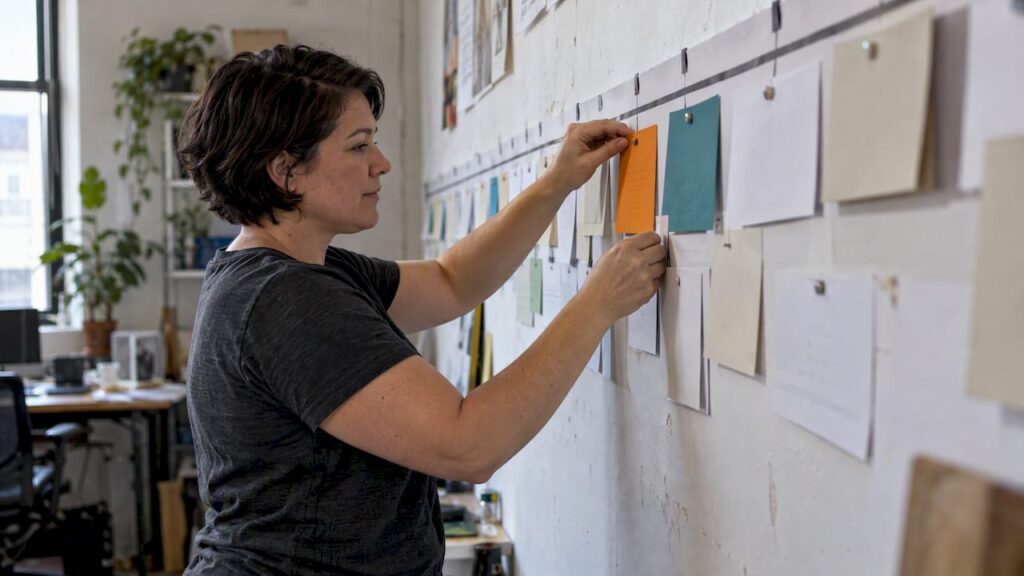 Planner arranging launch timeline milestones