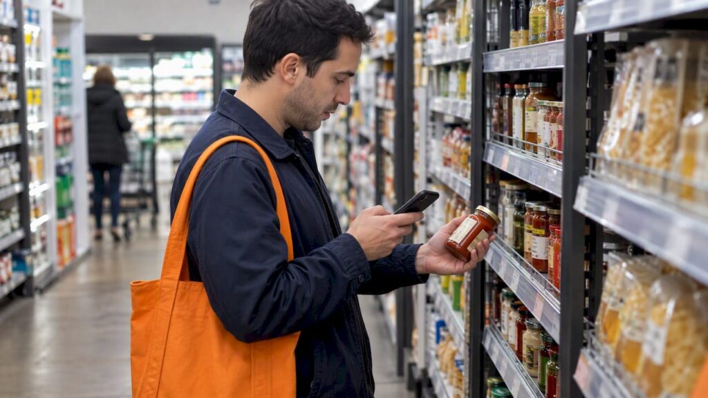 Shopper checking a loyalty offer in store