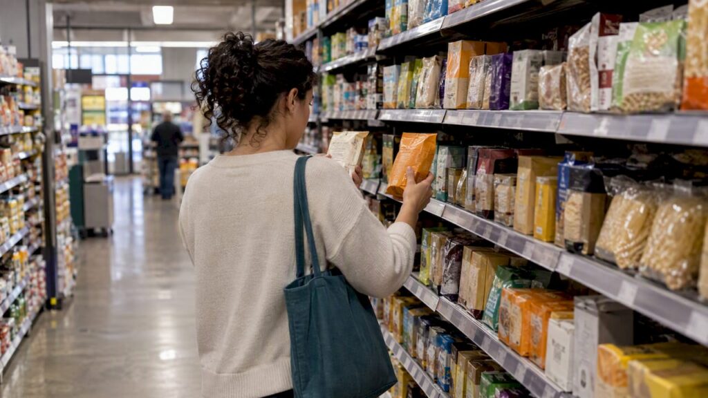Shopper comparing packaged goods on shelf