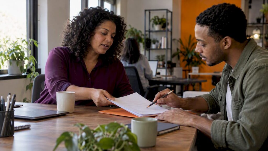 Strategist handing an SEO brief to a writer