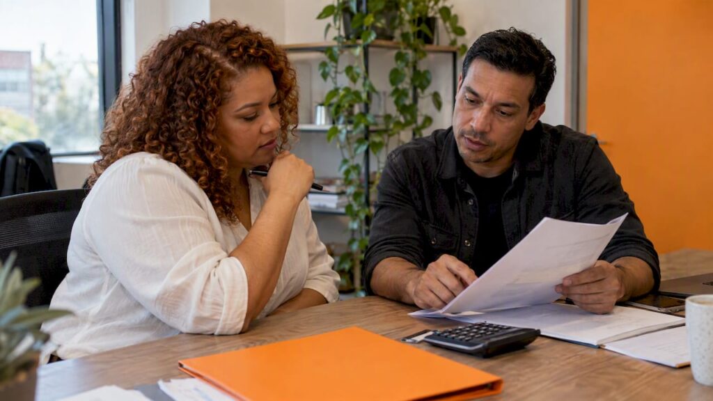 Business owners reviewing a paid social management quote